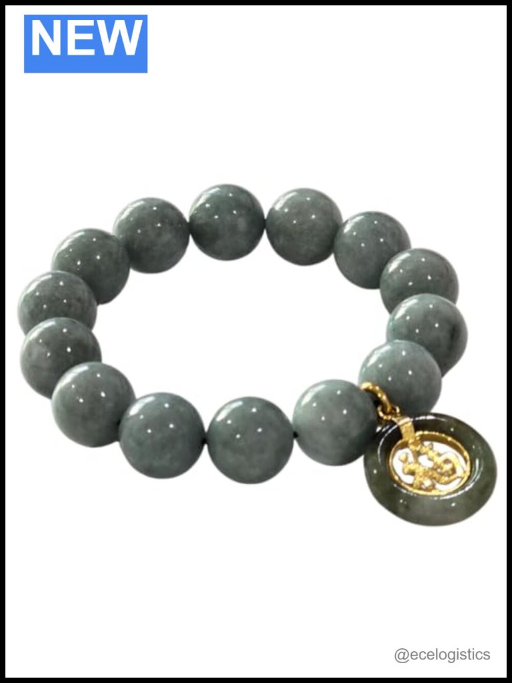 14.2mm Green Jade Bead Stretch Bracelet with Ji Fu Charm for Reiki Healing